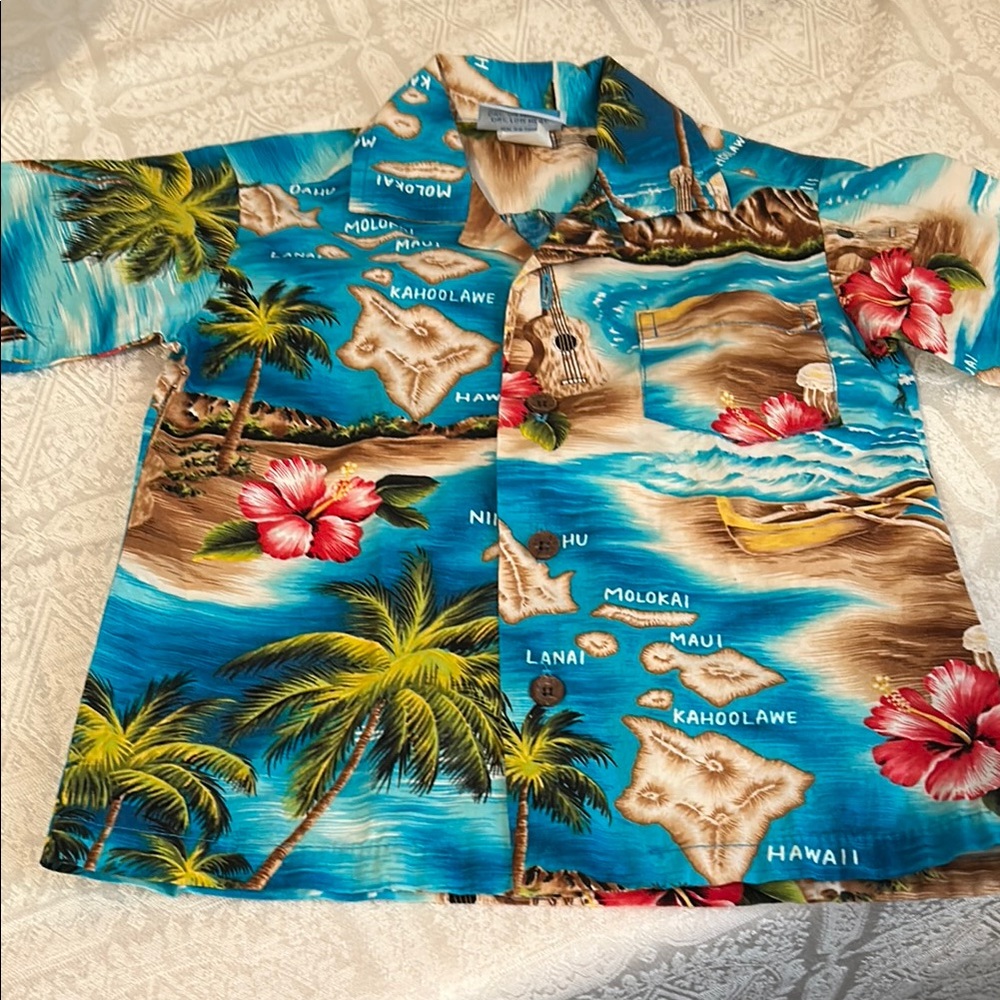 R J C Hawaiian Kids Button Down Shirt - Blue Tropical Print 2T LIKE NEW